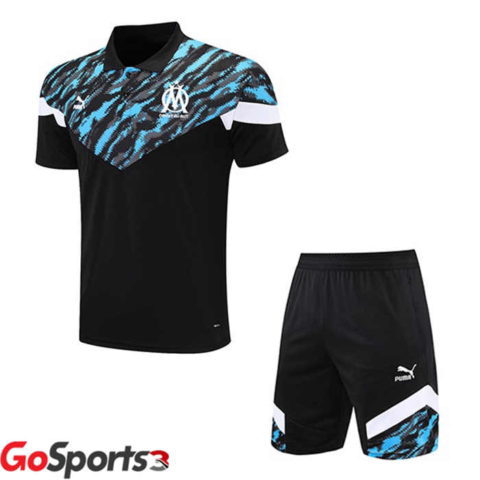 オリンピックマルセイユポロシャツ + ハーフ パンツ ブラック ブルー 2021/2022